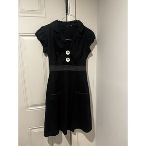 Vintage Ruby Rox Black Retro White Buttons Dress Pockets Puff Sleeves Juniors 9‎